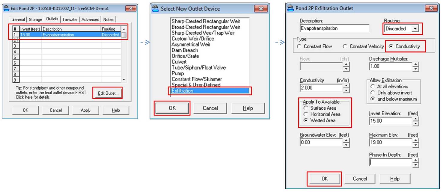 FIGURE 2-4. Setting up the Outlet Condition “Losses” for proxy ET for an example Tree SCM in HydroCAD within the “Pond” node. (Click for more detail)
