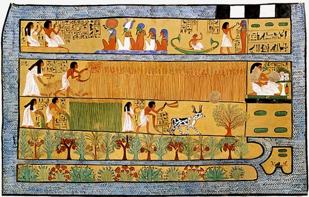 A well preserved painting from the tomb of an Egyptian builder Sennedjem, in Deir el-Medina (19th dynasty) presents a cultivation of cereals, as well as ploughing, but first of all—an orchard and a flower bed, located on fields surrounded by canals. Trees and flowers planted alternately with great regularity prove the careful planning of the garden.