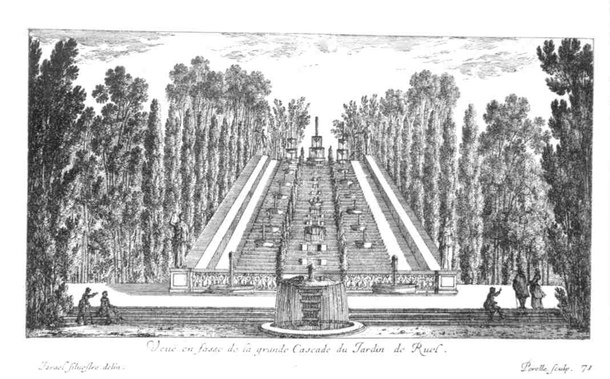 Jardin de Rue, 1638, Water cascade and allée. Image via Hubert Chanson.