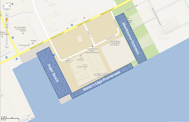 Silva Cells were installed in 2010 and 2011 at three sites (highlighted in yellow) around the sides of a building as part of the WaterfronToronto revitalization project. The trees on each site fared very differently. Why?