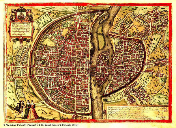 Figure 1: 1552 A.D.  map of Paris, by Truschet and Hoyau. For comparison with Figure 1, rotate this map 90-degrees to the right (clockwise) so that the larger portion of the walled-city is at the top (north) of the page. Observe that  the road that runs north-south through the center of the city – Old Roman Road – persists on its original alignment after 2000 years. Image credit: Bibliothèque de l’université de Bâle, Kartenslg AA 124.