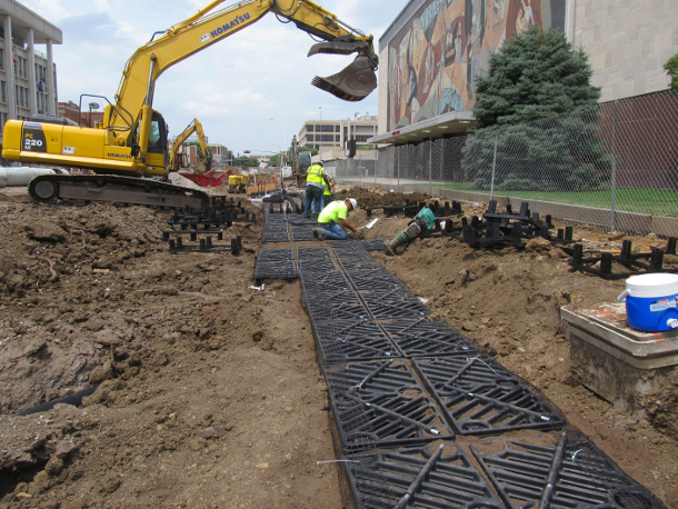 Silva Cells being installed along Centennial Mall in Lincoln, NE.