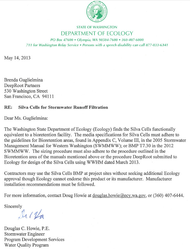 The official approval letter from the Washington State Department of the Environment