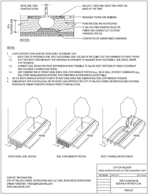 The City of Raleigh's tree planting standards for new construction in public right of ways.