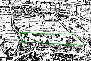 Covent Garden in 1572 by Ralph Agas, with surrounding wall marked in green (Image from Wikipedia)